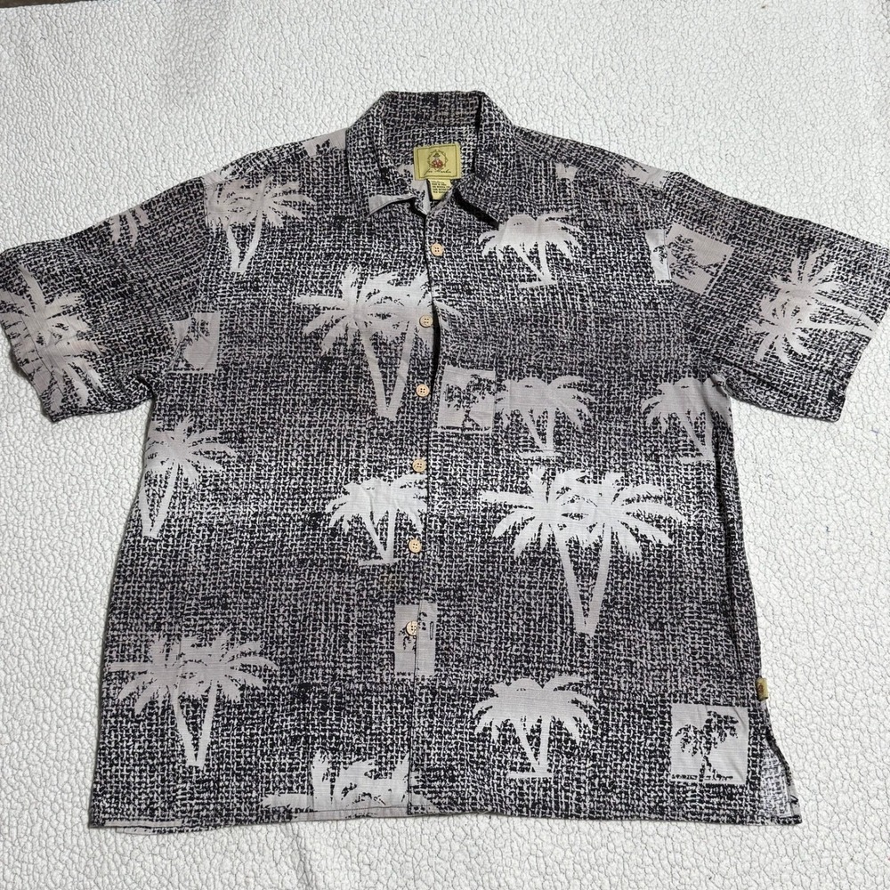 Joe Marlin Men XL Cotton Palm Tree Tropical Short Sleeve Button Down Shirt Black